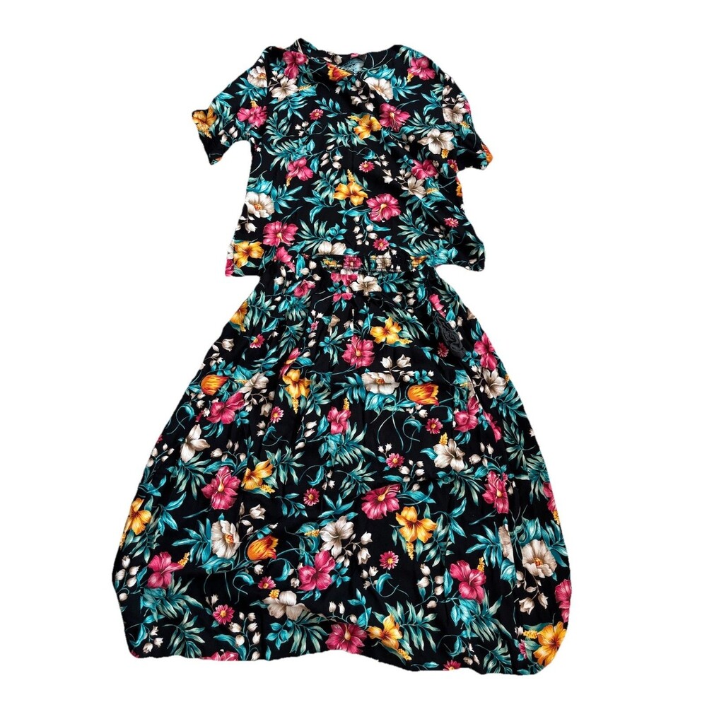 Vintage 2 Piece Skirt Set Floral Tropical Black Multi-Color High Waist Boho‎